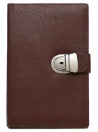 British tan leather journal with tab belt closure and lock