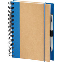 wirebound recycled journal with blue fabric trim